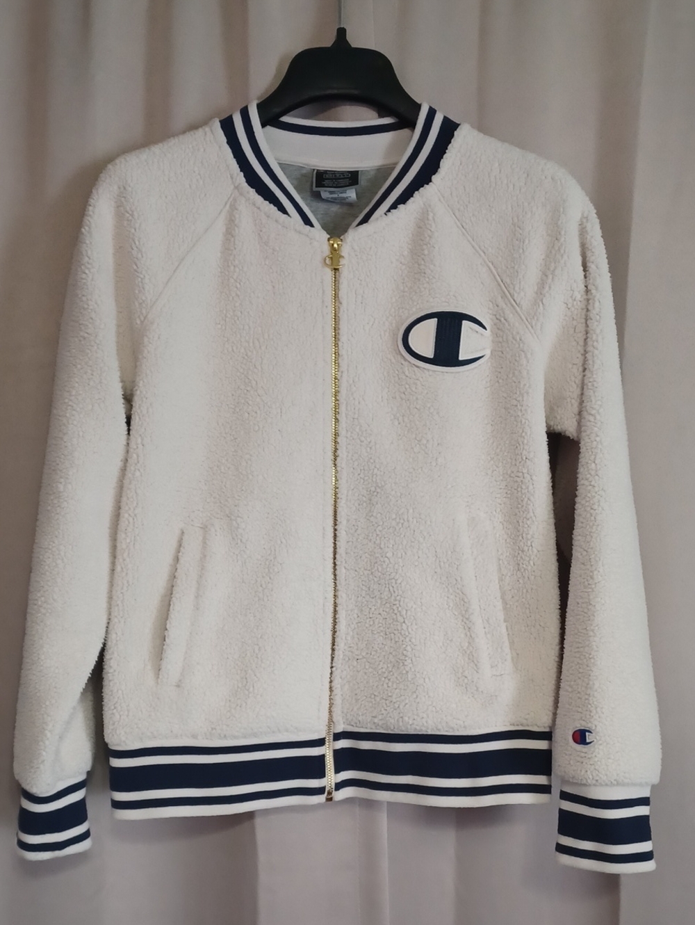Champion White Sherpa Fleece Zip Front Varsity Bomber Jacket Big Logo Back Sz M